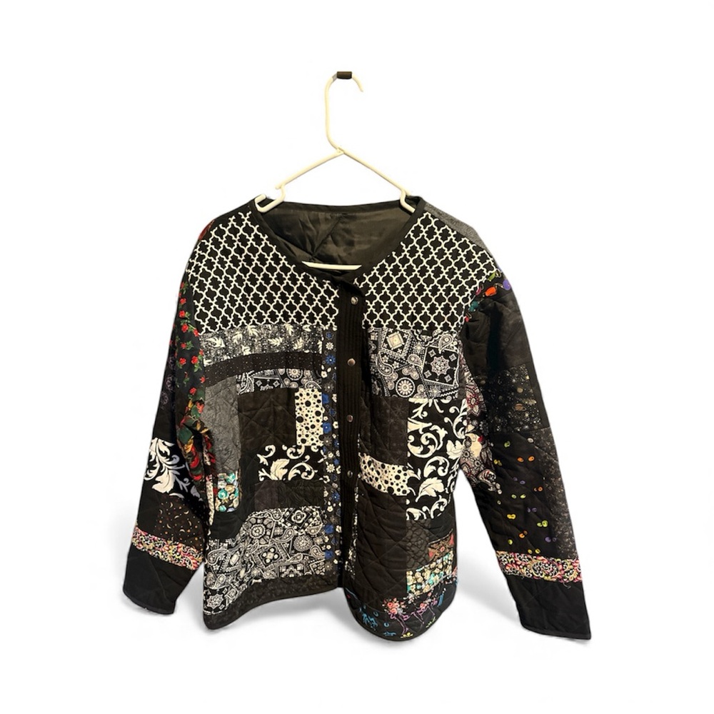 Chic Patchwork Black Pea Coat Quilted Jacket Black - image 2